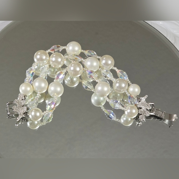 Vendome Faux Pearl and Faceted AB Aurora Borealis Three Strand Vintage Bracelet